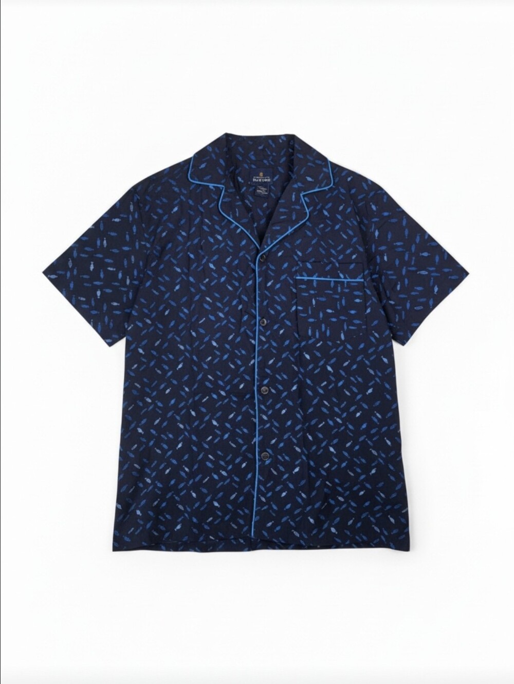 Stafford Men's Large Navy Blue Fish Print Short Sleeve Pajama Sleep Shirt